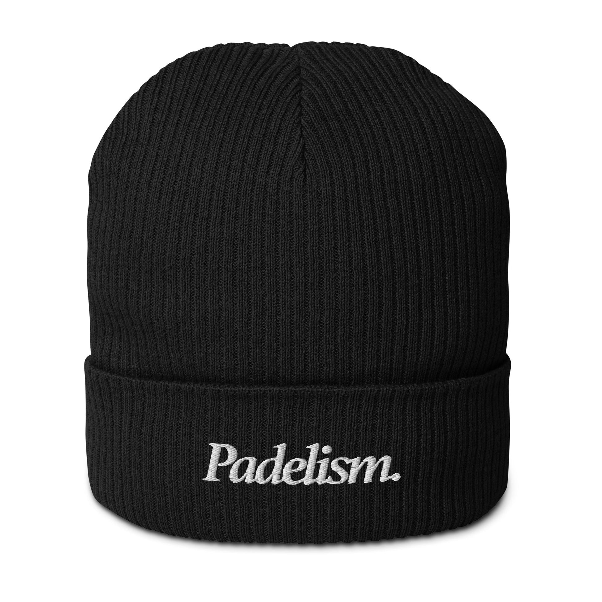 Black ribbed beanie with "Padelism." embroidered in white on the cuff.